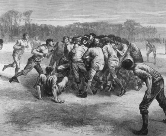  19th century soccer match between England and Scotland, with the ball believed to be hidden somewhere in the middle of the mass of men. From the Illustrated London News, 1871