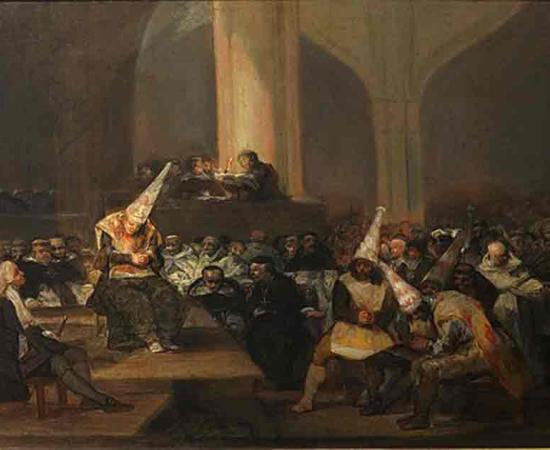 Painting by Francisco Goya depicting an auto de fé, an act of public penance carried out between the 15th and 19th centuries of condemned heretics and apostates imposed by the Inquisition, based on first-hand accounts. Source: Public Domain
