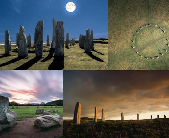 Four famous stone circles in the British Isles: Callanish Standing Stones (Fredy Jeanrenaud /Adobe Stock), Merry Maidens in Cornwall (Newlands Aerial /Adobe Stock), Castlerigg (Y. Jorzik-Brzelinski /Adobe Stock), and the Ring of Brodgar. (David Woods /Adobe Stock)