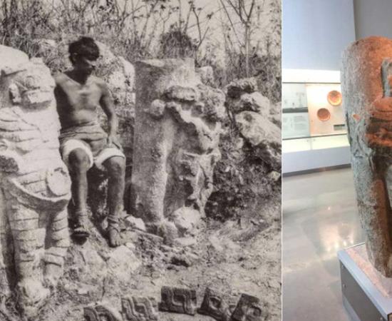 Historic photo of the Stone figures found in Oxkintok, plus photo of one stone figure, now in Natural History Museum in Merida. Source: Author provided
