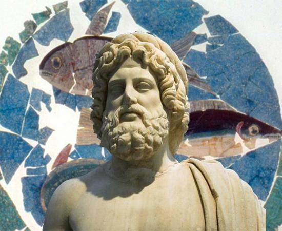 Marble statue of Asclepius (Deriv.) (Zde/CC BY SA 4.0) Background: Glass panel of three fish found at the house of the ancient surgeon Eutyches. (Rimini Archaeological Museum)