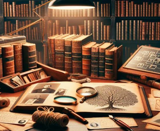 Image of books and family tree diagrams, tracing surname origins. Source: Bazoom