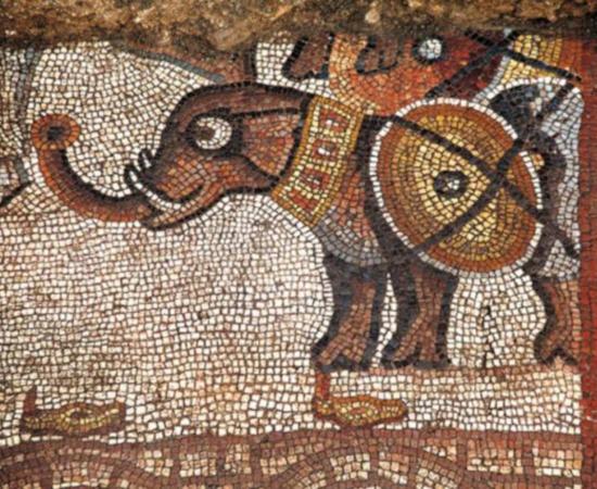 Elephant Mosaic, Huqoq, Galilee region, Israel, featuring an elephant alongside other soldiers and war animals, as well as an elder holding a scroll surrounded by young men with sheathed swords.