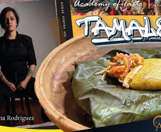 Composite image showing Tatiana Rodríguez from La Chichería in Cuenca, Ecuador, and images from her recipe for Tamales taken by Cecilia Bogaard.