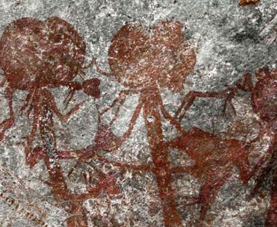 A trio of anthropomorphic figures from the Tanzanian cave art at the Amakhee 4 site. 
