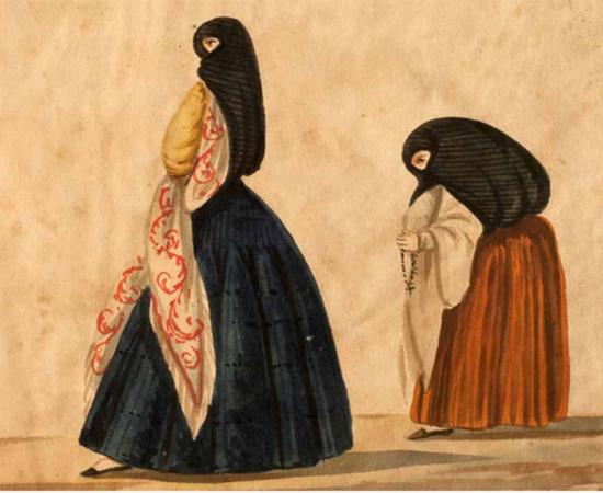 Lady and duenna, wearing their tapada limeña, going to church, by Pancho Fierro. Source: Public domain