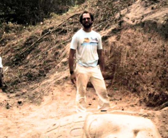 Jay Silverstein with an Olmec head he helped discover in Mexico in 1994. 	Source: Jay Silverstein, Author provided