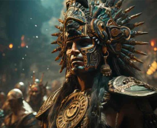 Photo of an Aztec warrior in imagined armor. Source: Superhero Woozie/Adobe Stock