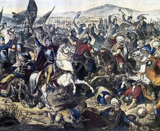 A painting depicting the Battle of Kosovo (1870) by Adam Stefanović. Prince Lazar is seen dying with his horse at the left.
