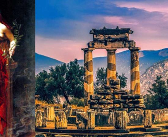 Priestess of Delphi (1891) by John Collier. (Public Domain) Drawing of the Tholos of Delphi, Greece. 