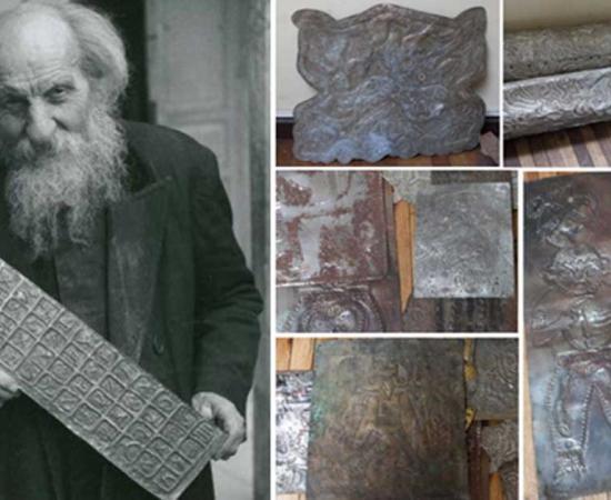 Left: Father Crespi holding a metallic artifact that appears to contain a series of hieroglyphs. (Source). Right: Photographs of Crespi’s so-called ‘Metallic Library’. Credit: Ancient-Origins.net.