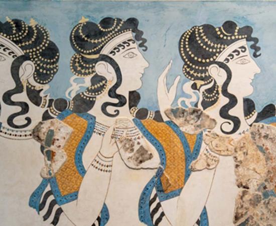 "Ladies in Blue" fresco at Knossos Palace, Minoan archaeological site in Crete, Greece. 