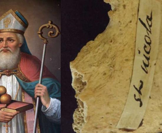 Portrait of Saint Nicholas. (BigStockPhoto) Relic of St Nicholas (pelvis fragment) at St. Martha of Bethany Church/Shrine of All Saints, Morton Grove Ill., USA.