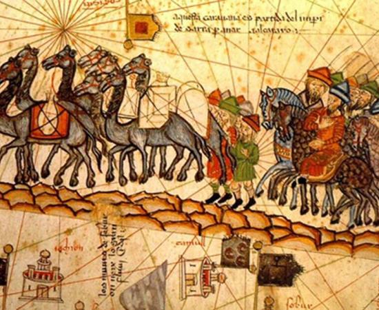 A 14th century depiction of a camel caravan on the Silk Road.