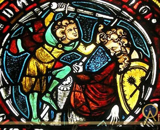David chops off the head of the giant, Goliath. Stained glass window. 