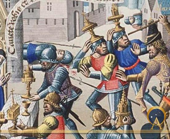 Sack of Rome by Alaric - sacred vessels are brought to a church for safety in Augustine, La Cité de Dieu (circa 1475) (Public Domain)