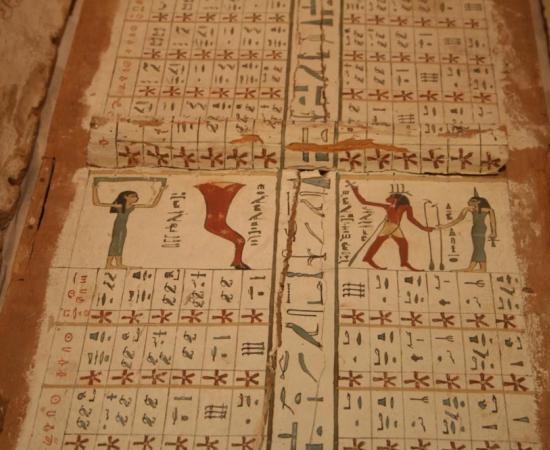 A detail of the star chart of Idy of Asyut showing the sky goddess Nut holding up the heavens at the top. 