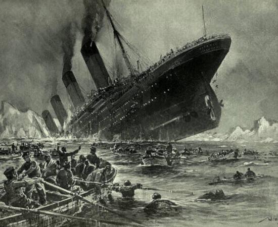 Illustration of the sinking of the Titanic.