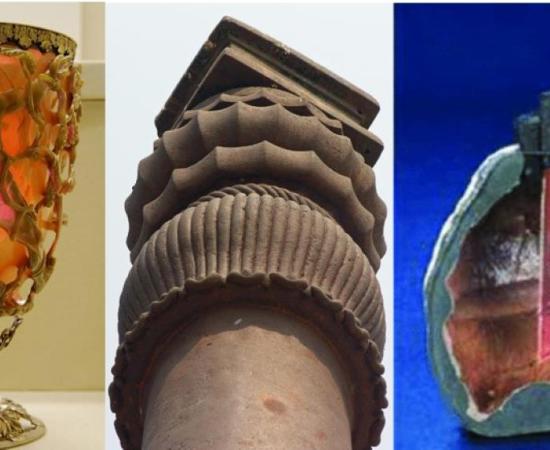 Ancient Technologies. Right: The Lycurgus Cup. Center: Iron Pillar of Delhi, Left: Replica of the Baghdad Battery.