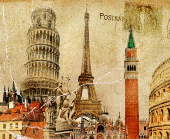 Vintage postcard showing European tourism destinations. Source: Freesurf/Adobe Stock