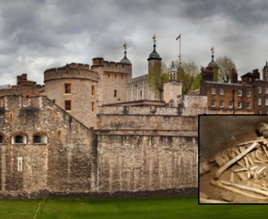 The Tower of London (Photocreo Bednarek /Adobe Stock). Inset: Representational image of a skeleton (tuulimaa / Adobe Stock)