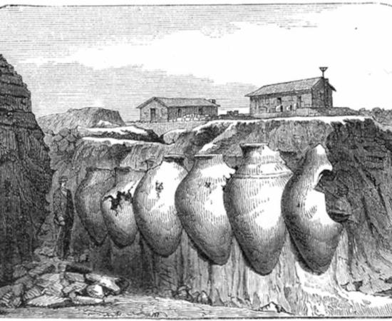 Drawing of several large vessels discovered during excavations in Troy by Heinrich Schliemann in 1880, which he deduced would have been used to hold wine.