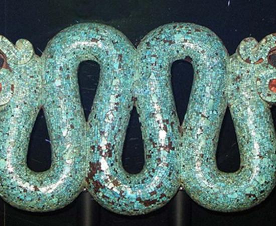 Aztec double headed serpent turquoise chest ornament, British Museum.  
