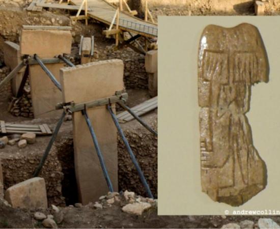 Main: The twin pillars at Göbekli Tepe (g.frilli / flickr). Inset: The tiny bone plaque found at Göbekli Tepe and now on display at Sanliurfa’s new archaeological museum.