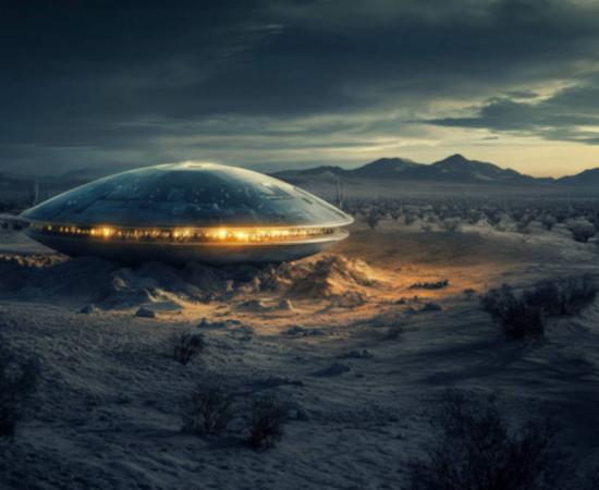 AI image of desert landscape outside Roswell at dusk, with low rolling hills and a UFO spacecraft partially buried in sand and surrounded by metallic debris.
