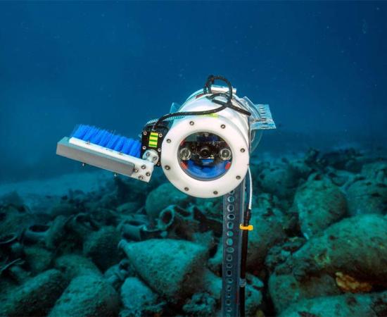 A closeup of one of the underwater AI robot cameras at the shipwreck site in the Aegean Sea, Greece             Source: NOUS