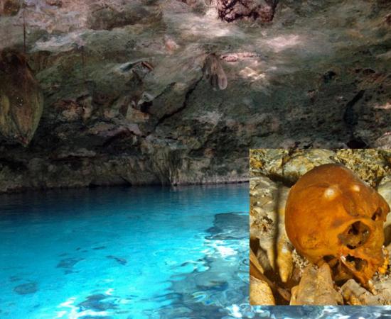 Main: A cenote in Tulum, Mexico. Inset: Ancient skull found in Tulum cenote. 