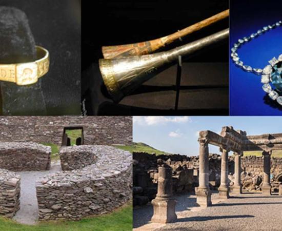 Some unlucky artifacts and cursed sites: The Ring of Silvianus (CC BY 2.0), Tutankhamun’s silver trumpet with wooden insert (Meridianos), the Hope Diamond (CC BY-SA 4.0), Stone ringfort, “Ring of Kerry” in Ireland (Francis Bijl/ CC BY 2.0 ), and ruins of an ancient synagogue at Chorazin. (Lev.Tsimbler/CC BY SA 4.0)