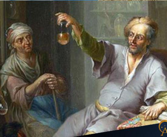 A Medieval Doctor examining a bottle filled with a liquid