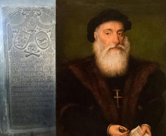 Engraved plaque near the explorer’s tomb in Kochi, India and portrait of Vasco da Gama. 