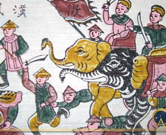Trung sisters riding elephants. Đông Hồ painting. (Public Domain)