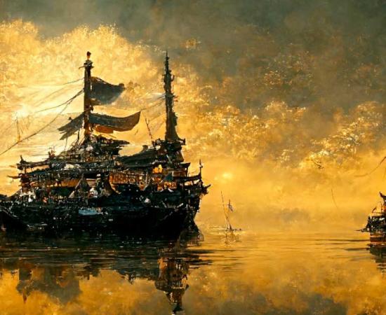 The wako pirates are typically portrayed as Japanese pirates, but the reality was more complex. Depiction of a pirate ship sailing on the ocean against a golden sky. Source: Gasi / Adobe Stock