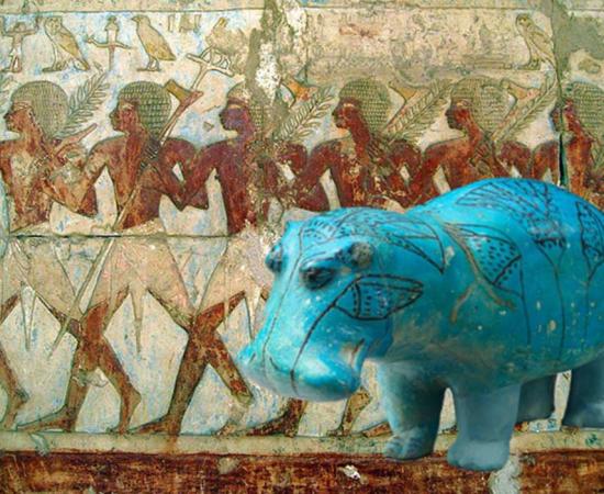 Standing hippopotamus figurine. From Egypt, Middle Egypt, Meir, Tomb B3 of the nomarch Senbi II, pit 1 (steward Senbi), Khashaba excavations, 1910. (CC0) Background: Members of Hatshepsut's trading expedition to the mysterious 'Land of Punt' from this pharaoh's elegant mortuary temple at Deir El-Bahri. In this scene, Egyptian soldiers bear tree branches and axes. (Σταύρος/CC BY 2.0)