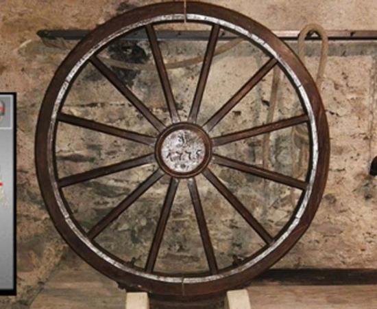 Wheel of Torture device. Insert, skeleton of young man wh9 was the victim of torture on the wheel.       