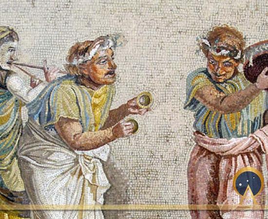 Trio of musicians playing an aulos, cymbala, and tympanum (mosaic from Pompeii) (CC BY-SA 3.0)