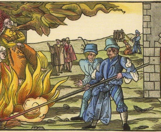 Hand-colored woodcut of three women burning at the stake while two men tend the fire, with other figures in the background