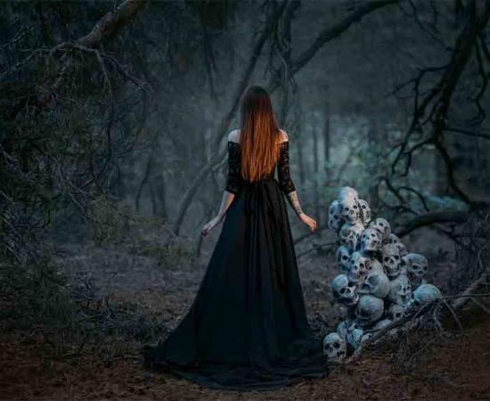 A witch or a woman in a dark forest? Witch pricking was used for centuries to falsely prove a woman (or a man) was a witch! 	