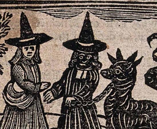 Witchcraft: a white-faced witch meeting a black-faced witch with a great beast. Woodcut, 1720.  Source: Public Domain