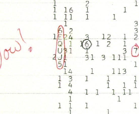 A scan of a color copy of the original computer printout, taken several years after the 1977 arrival of the Wow! signal.