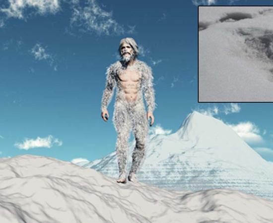 Representation of a yeti and the Indian army photo of Yeti footprints