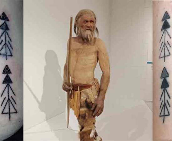 Reconstruction of Ötzi the Iceman, flanked by the tattoo experiment which is believed to replicate how the originals were created. Source: Deter-Wolf et al., Exarc, 2022; Mannivu / CC BY-SA 4.0.