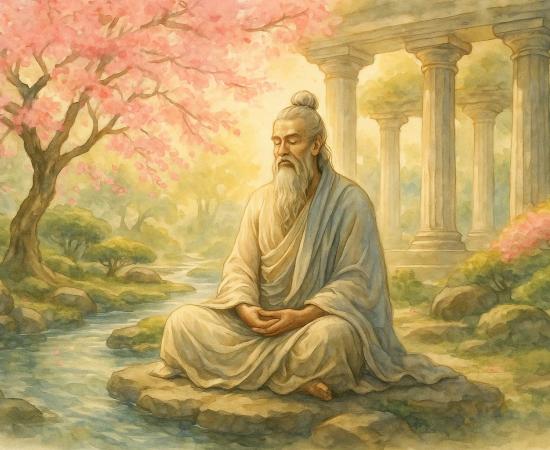 Where ancient wisdom meets timeless flow - a philosopher's meditation in the eternal garden of human flourishing. 
