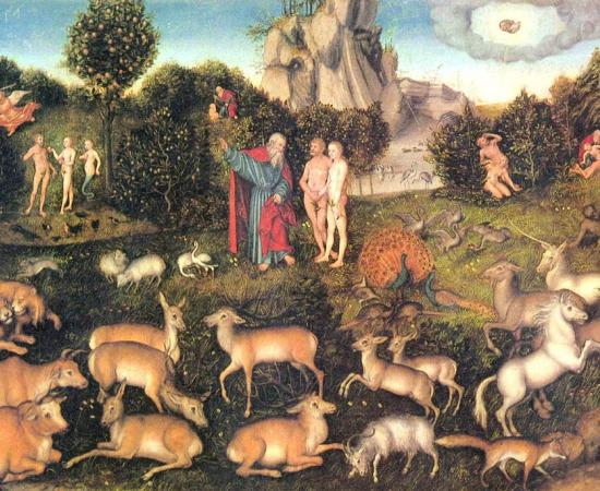 How Europeans saw the Garden of Eden in the Middle Ages. Painting by Lucas Cranach the Elder (1472-1553) 