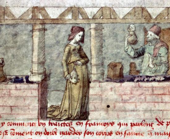 A woman seeks healing compounds at a French apothecary, 15th century illustration. 