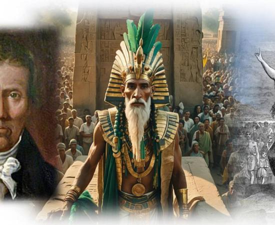 Ethan Smith (left), an AI-generated image of Moses as Quetzalcóatl in Mexico in the	13th century BC (center), and Moses (“Moses speaks to Israel, as In Deuteronomy 1”; by Henri Félix Emmanuel Philippoteaux, 1885, right). 
