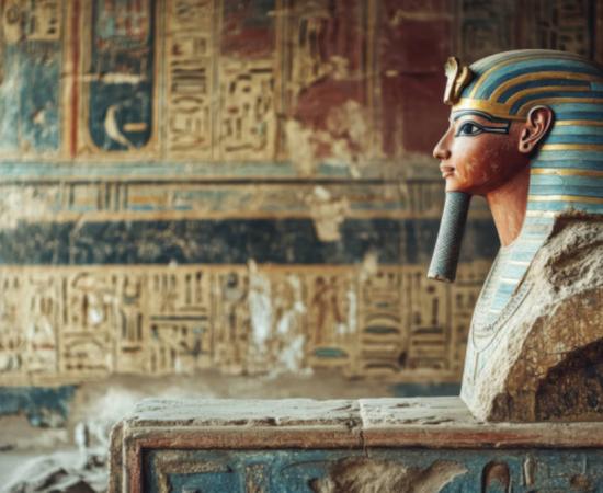 AI image of an ancient Egyptian pharaoh bust in profile with hieroglyphs on temple wall. 